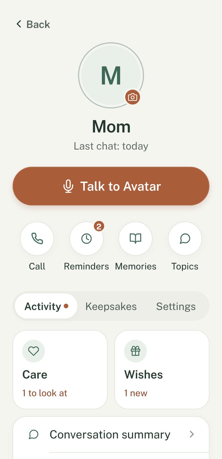 Mom’s page in Everly: Talk to Avatar, call, reminders, memories and topics